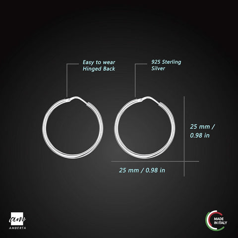 ® 925 Sterling Silver Fine Circle Hinged Hoops - round Creole Sleeper Earrings Diameter Size: 7 10 15 20 25 35 45 55 Mm