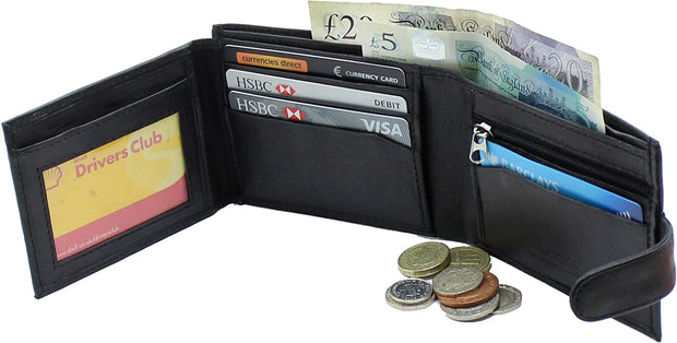 RAS Mens RFID Blocking Soft Smooth Genuine Leather Wallet with a Zipped Coin Pocket and Id Card Window 94 (Black)