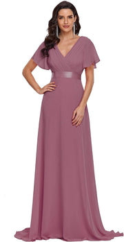 Women'S Double V-Neck Short Flutter Sleeves Empire Waist Elegant Chiffon Long Evening Dresses