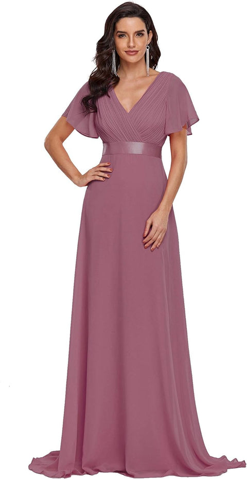 Women'S Double V-Neck Short Flutter Sleeves Empire Waist Elegant Chiffon Long Evening Dresses