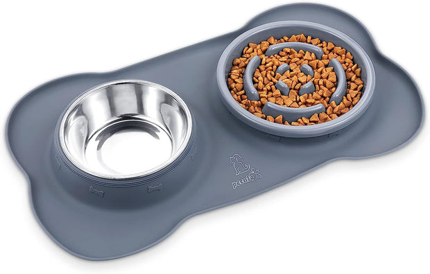 3-In-1 Slow Eating Dog Bowls with Non Slip Mat - Safe Silicone Interactive Fun Slow Feeders for Dogs - Stainless Steel Bowls Non Spill Mats Tray - Great for Dogs Cats Slow Feeding(M，Grey)