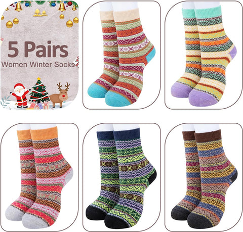 Women Winter Socks, 5 Pairs Thermal Wool Warm Knitting Ladies Socks Vintage Style Cotton Thick Bed Sock Multicoloured for Home Office School Hiking, Ideal Christmas Gifts 4/8 UK