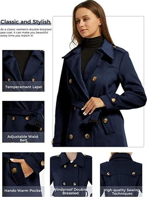 Women'S Double Breasted Warm Coat Elegent Warm Trench Coat Mid-Length Trench Coat Blend Pea Coat Style Breasted Warm Coat