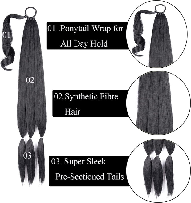 32Inch Long Braid Ponytail Extension Straight Sleek Wrap around Braid Hair Extensions Ponytail Synthetic Hair Pieces for Women Girls (Natural Black)