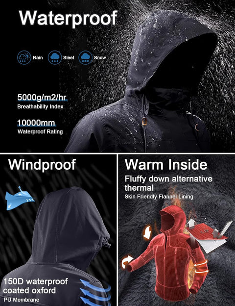 Men'S Mountain Waterproof Ski Jacket Windproof Fleece Outdoor Winter Coat with Hood