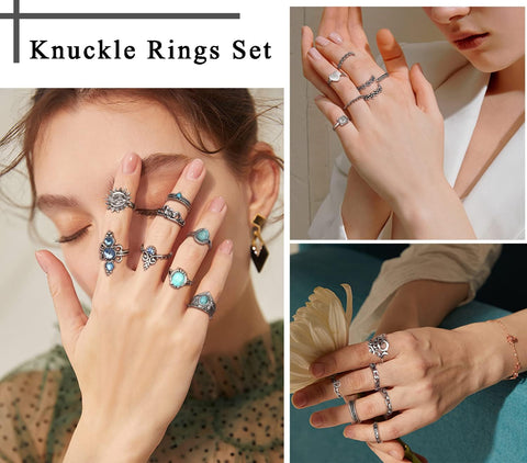 82 Pcs Vintage Silver Knuckle Rings Set for Women Teen Girls Bohemian Stackable Joint Finger Rings Retro Stone Crystal Stacking Midi Rings Pack