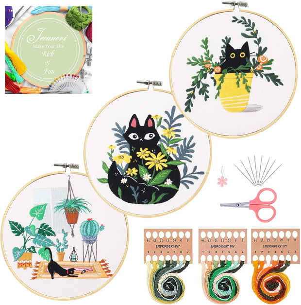 Embroidery Starter Kit, 3 Pack Cross Stitch Kit with Floral or Plant Pattern and Instructions, Full Range of Embroidery Kits, Embroidery Hoops, Color Threads and Tool