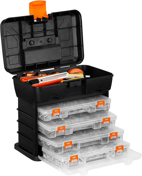 Multi-Purpose Fishing Tackle Storage Box, Crafts or Tool Organizer - 4 Removable Trays & Adjustable Dividers (10.9 X 10.1 X 6.9 Inches - Black/Orange