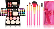 Makeup Brushes Cosmetic Palette Set  Professional Makeup Palette Kit （Include: Eyeshadow & Blusher & Face Powder & Lip Gloss) + Makeup Brushes Set (7Pcs Pink Brushes)