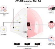 Nail Lamp,  54W 18Pcs LED UV Nail Lights for Gel Nail Polish Dryer Curing Lamp with 3 Timers Auto Sensor Digital Display USB Plug Protable Convenient for Manicure Pedicure