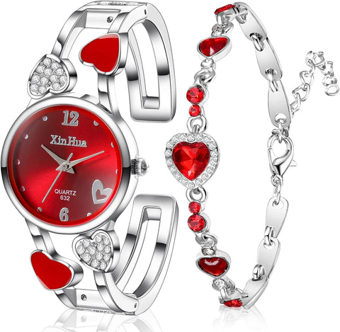 Heart Shaped Watch and Bracelet Set for Women Girls Ladies Bangle Watches Elegant Diamond Rhinestone Slim Wrist Watch Silver Crystal Bracelet Bangle Party Gift for Lover Girlfriend Her