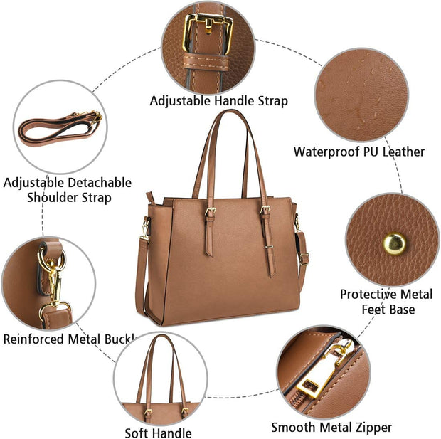 Laptop Bags for Women Large Leather Handbags Ladies Laptop Tote Bag Business Work Shoulder Bag Lightweight 15.6 Inch Brown