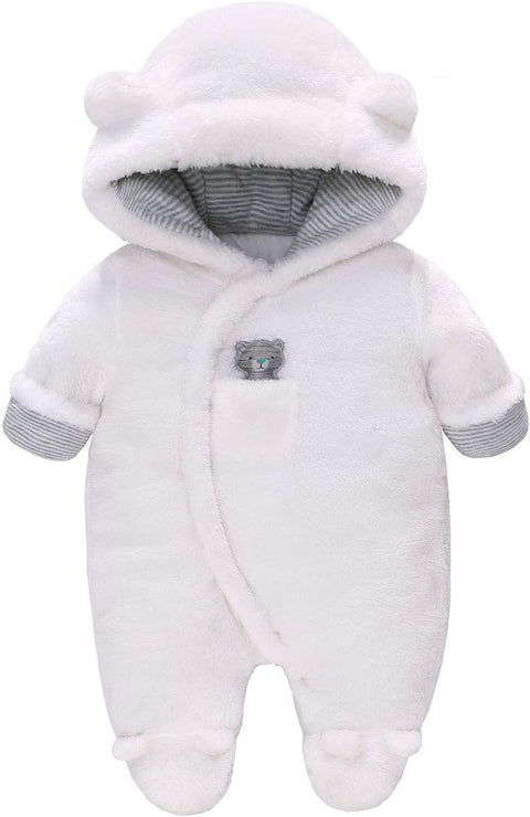 Baby Winter Snowsuit Baby Rompers, Boy and Girl One-Piece Suit with Hood, Toddler Outerwear Snowsuit Set Thick and Warm,White 6-9 Months