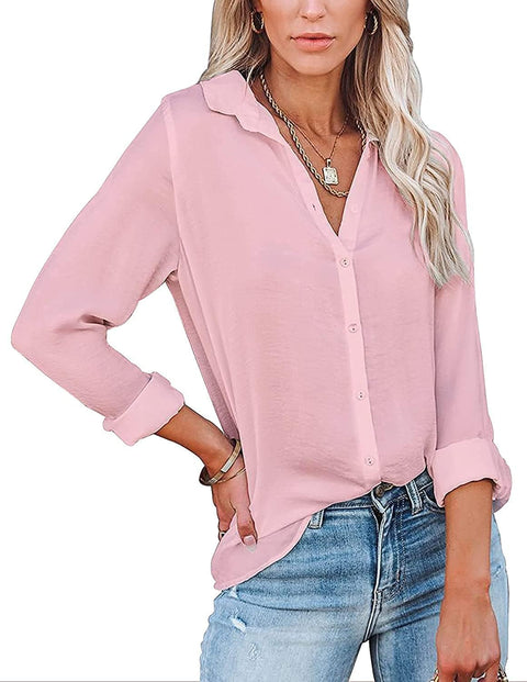 Womens Blouse Casual Long Sleeve Shirt Tops V Neck Button down Shirts Basic Loose Tunic T Shirts