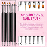 Nail Art Brushes Set - 6Pcs Double-End Nail Brushes Kit Professional Nail Art Tools Kit with Painting Dotting Line Pen for Gel Polish Nail Designs Nail Carving French Nails