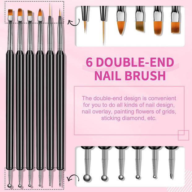 Nail Art Brushes Set - 6Pcs Double-End Nail Brushes Kit Professional Nail Art Tools Kit with Painting Dotting Line Pen for Gel Polish Nail Designs Nail Carving French Nails