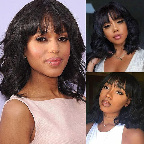 Short Bob Human Hair Wig with Bangs Bob Wave Wigs for Black Women None Lace Front Wig 150% Density Natural Black Color…