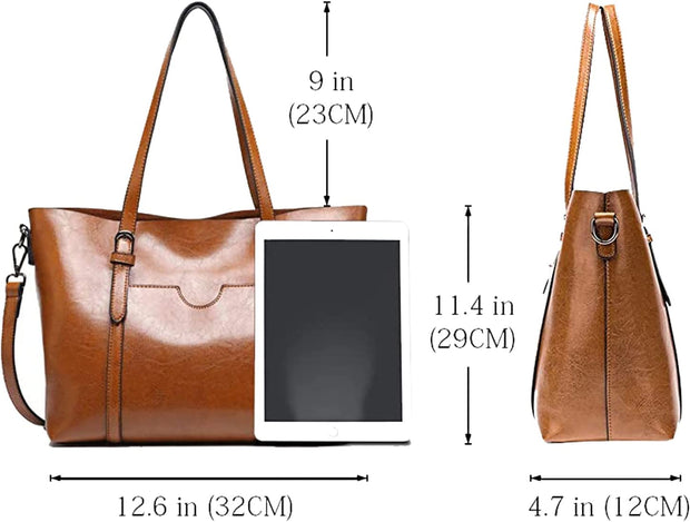 Womens Handbags Soft Leather Large Capacity Retro Vintage Top-Handle Casual Pocket Tote Shoulder Cross-Body Bags Brown