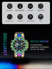 Men'S Analog Sports Watch, LED Military Wrist Watch Large Dual Dial Digital Outdoor Watches Electronic Malfunction Two Timezone Back Light Water Resistant Calendar