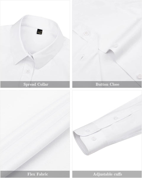 Women'S Long Sleeve Plain Dress Shirt Fitted Stretch Executive Shirt Blouse with Single Cuff