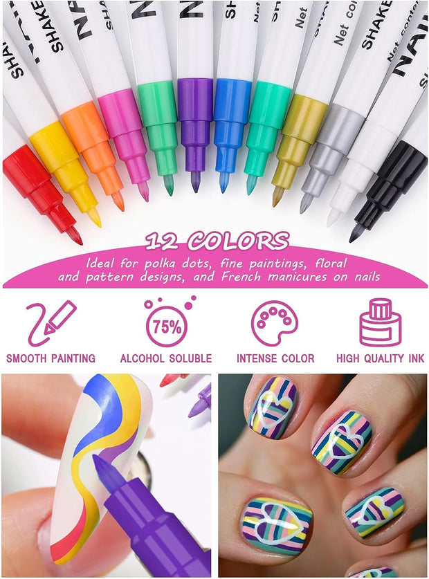 12 Color 3D Nail Art Pens Set,  Nail Point Graffiti Dotting Pen Drawing Painting Liner Brush for DIY Nail Art Beauty Adorn Manicure Tools for Halloween Christmas