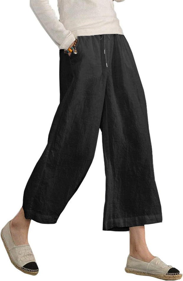 Women'S Summer Comfy Cotton Linen Cropped Trousers Wide Leg Lounge Pants with Pockets