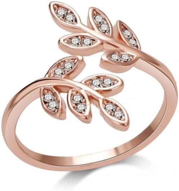 Rose Gold Plated Adjustable Leaf Ring Created with Zircondia® Crystals