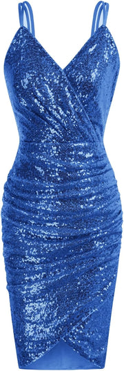 Women Sequined Velvet Spaghetti Dress V-Neck Bodycon Mini Wrapped Dance Party Cami Dress