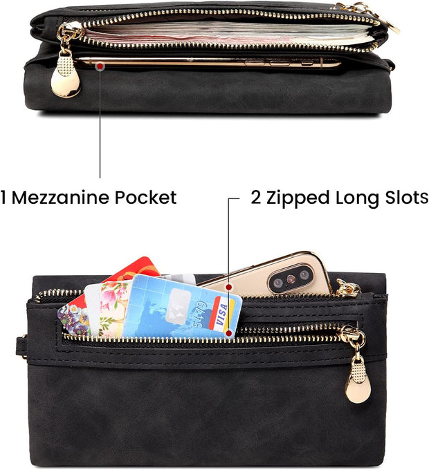 Women Wallet Soft Leather Ladies Purse Multiple Card Slots Large Capacity Zipper Clutch Bag with Wrist Strap (Black)