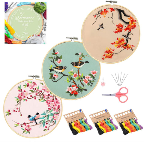 Embroidery Starter Kit, 3 Pack Cross Stitch Kit with Floral or Plant Pattern and Instructions, Full Range of Embroidery Kits, Embroidery Hoops, Color Threads and Tool