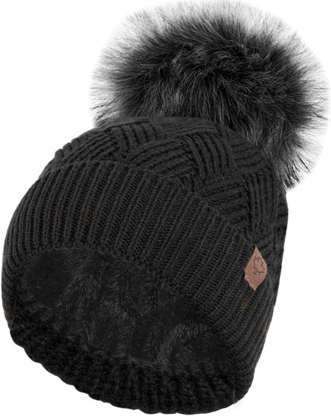 Ladies Warm Chunky Diamond Cable Knit Hat with Thermal Teddy Fleece Lining and Detachable Faux Fur Pompom