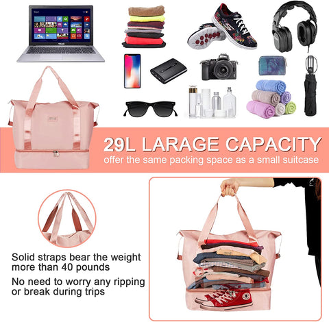 Travel Duffel Bag, 29L Weekend Bag with Trolley Sleeve, Dry & Wet Seperated Sports Gym Bag Waterproof Bag Carry on Bag for Women Men Weekender Tote Bag Hospital Bag Cabin Bag