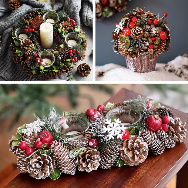 108Pcs Artificial Pine Cone Berry Set, Christmas Wreath Making Supplies, Snowy Pinecones White Berries Wreath Making Kit for Wreath, Garland, Craft, Winter DIY Christmas Decorations