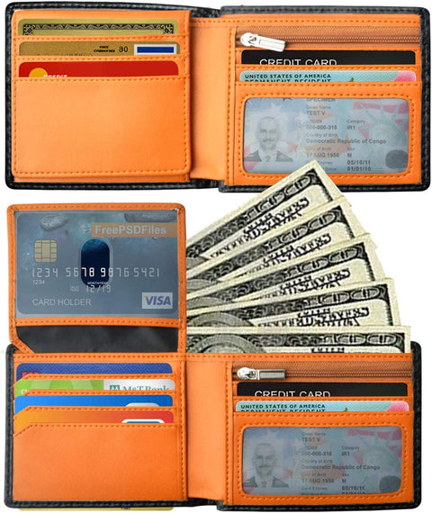 Mens Wallet, RFID Blocking, Flip, Slim Bifold, 2 ID Window Wallet, Superfine Fiber PU Synthetic Leather