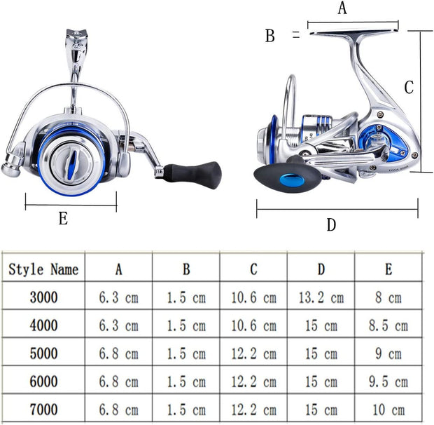 Spinning Fishing Reels for Saltwater Freshwater 3000 4000 5000 6000 7000 Spools Ultra Smooth Ultralight Powerful Trout Bass Carp Gear Stainless Ball Bearings Metal Body Ice Fishing Reels