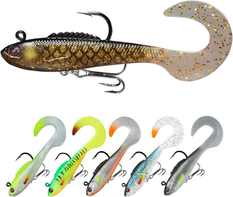 Soft Fishing Lures for Bass Pike Trout Perch, Pre-Rigged Jigs Head Sea Fishing Lures with Ultra-Sharp BKK/VMC Hooks, Plastic Artificial Swimbaits, Fishing Tackle for Saltwater & Freshwater