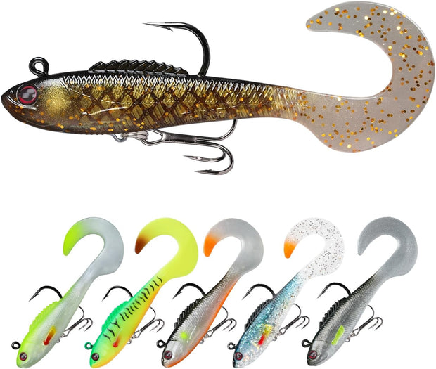 Soft Fishing Lures for Bass Pike Trout Perch, Pre-Rigged Jigs Head Sea Fishing Lures with Ultra-Sharp BKK/VMC Hooks, Plastic Artificial Swimbaits, Fishing Tackle for Saltwater & Freshwater