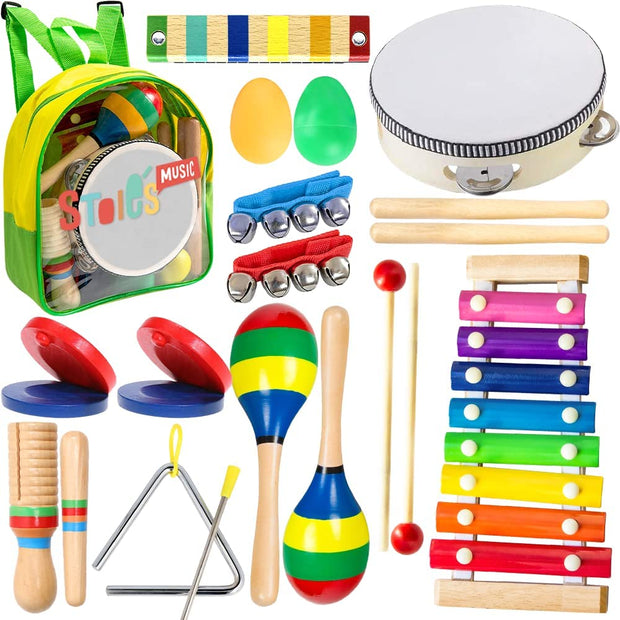 19 Pcs Kids Musical Instruments for 3 Year Olds Xylophone for Kids Baby Tambourine Musical Toy Instruments Wooden Toddler Music Instrument Drum Set