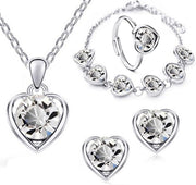 Love Heart Jewellery Set 4 PCS Fashion Heart Necklace Earrings Ring Bracelet Set Bridal Wedding Jewellery Set Rhinestone Set Sparkly Crystal Dangle Drop Set for Women and Girls