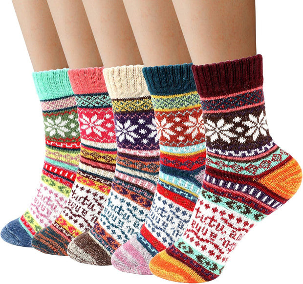 Thermal Winter Women Socks 5 Pairs Wool Warm Knitting Ladies Socks Vintage Style Soft Cotton Thick Woman Bed Sock Multicoloured for Home Office School Hiking, Ideal Christmas Gifts for Women