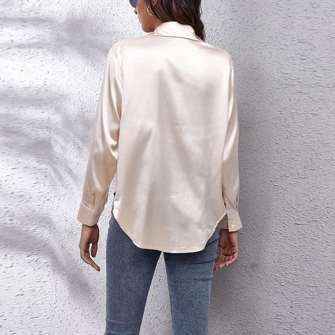 Women'S Satin Shirt Blouse Long Sleeve Botton down Elegant Blouse V Neck Silk Shirt Casual Ladies Office Work Tops