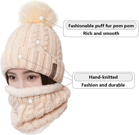 LCZTN Womens Pom Beanie Hat Scarf Set Girls Winter Ski Hat Slouchy Knit Cap with Fleece Lined