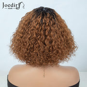 Short Curly Bob Wig with Bangs Human Hair for Black Women Ombre Brown 10 Inch Water Wave Bob Wig 150% Density Glueless Wig (Color: TT1B/30)