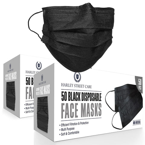 Harley Street Care Disposable Black Face Masks Protective 3 Ply Breathable Triple Layer Mouth Cover with Elastic Earloops - 2 Boxes of 50 Pcs Each (100 Pcs)