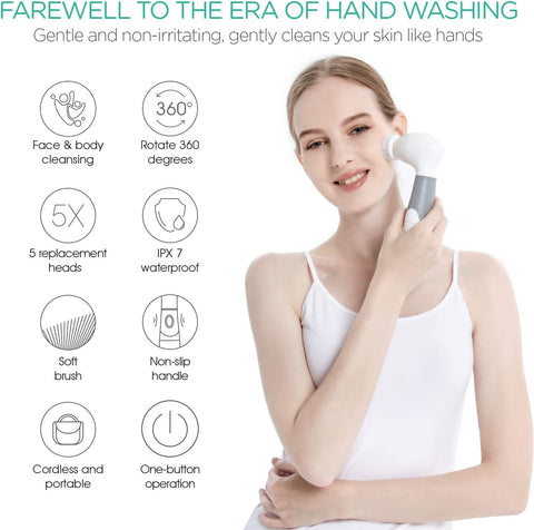 5-In-1 Facial Cleansing Brush Face Cleanser Brush Electric Facial Cleanser Brush with Dead Skin Remover, Makeup Remover and Body Cleansing Brush for Deep Skin Cleansing & Exfoliating FB100