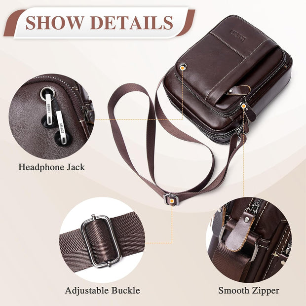 Men'S 100% Genuine Leather Cross Body Bag Casual Messenger Satchel Side Bag for Wallet Purse Mobile Phone Keys