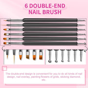 Nail Art Brushes Set - 6Pcs Double-End Nail Brushes Kit Professional Nail Art Tools Kit with Painting Dotting Line Pen for Gel Polish Nail Designs Nail Carving French Nails