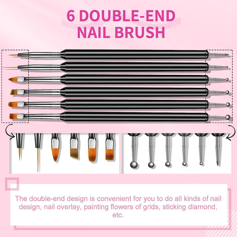 Nail Art Brushes Set - 6Pcs Double-End Nail Brushes Kit Professional Nail Art Tools Kit with Painting Dotting Line Pen for Gel Polish Nail Designs Nail Carving French Nails