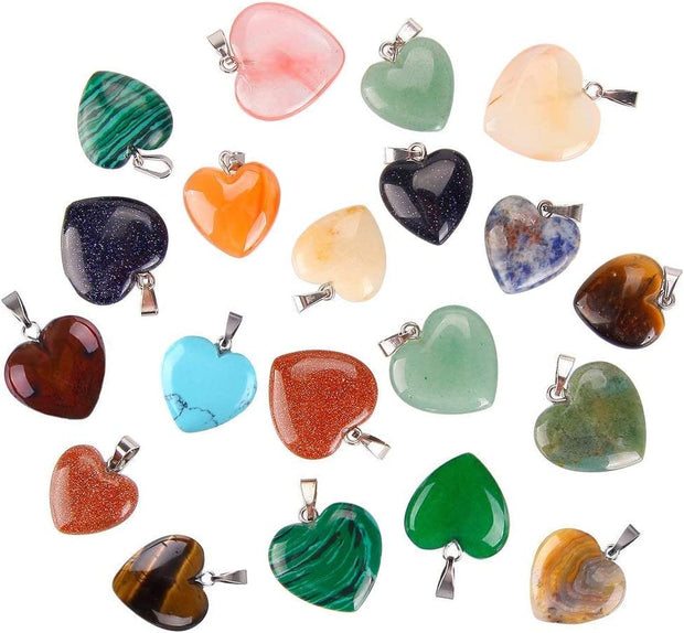 20Pcs Heart Shaped Stone Pendants Charms Crystal Chakra Beads for DIY Necklace Jewelry Making, 2 Sizes, Assorted Color