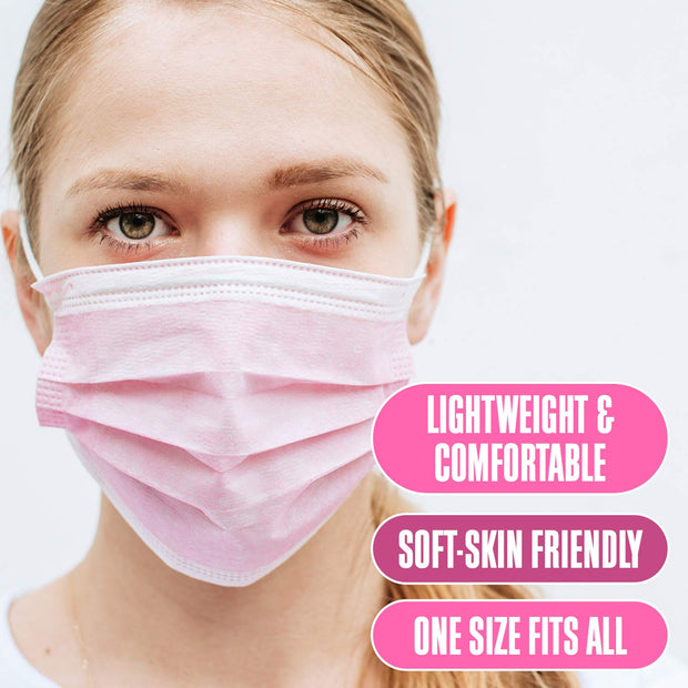 Harley Street Care Disposable Pink Face Masks Protective 3 Ply Breathable Triple Layer Mouth Cover with Elastic Earloops (Pack of 100)